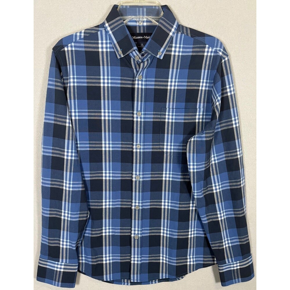 NWOT Mizzen Main Performance Shirt Mens M Blue White Plaid Trim Fit City Flannel